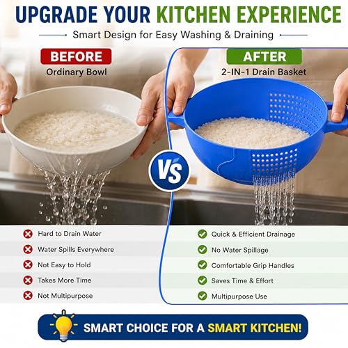 Image of Rice Washer Bowl for Kitchen | 2 in 1 Drain Basket & Colander | Vegetable Fruit Washing Bowl | Rice Cleaning Strainer Basket | Pasta Dal Washing Bowl | Food Grade Plastic