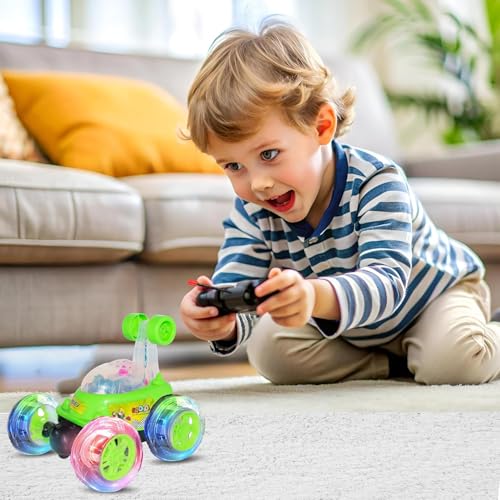 Image of Pink 360 Rotating Stunt Car Toy for Kids - LED Light Up Off-Road RC Vehicle with Flip & Spin Action, Rechargeable Electric Remote Control Car for Girls, Boys, Toddlers (RC 360 (Green))