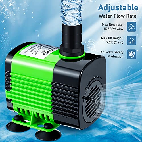 Winkeyes Fountain Pump 528Gph With 86" Lift, 30W Small Submersible Fountain Water Pump For Outdoor Indoor Tabletop Water Fountain, Aquarium, Fish Tank, 5.5Ft Power Cord, 3 Nozzles (Green-30W) #TOP1