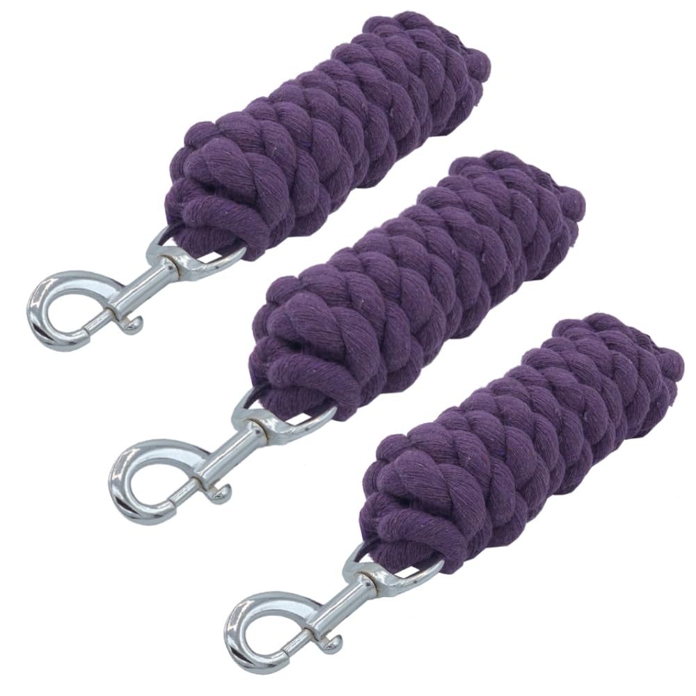 Cotton Lead Rope For Horses Heavy Duty Metal Trigger Clip 2 Meters Long Quality Lead Rope (PLUM, PACK OF 3)