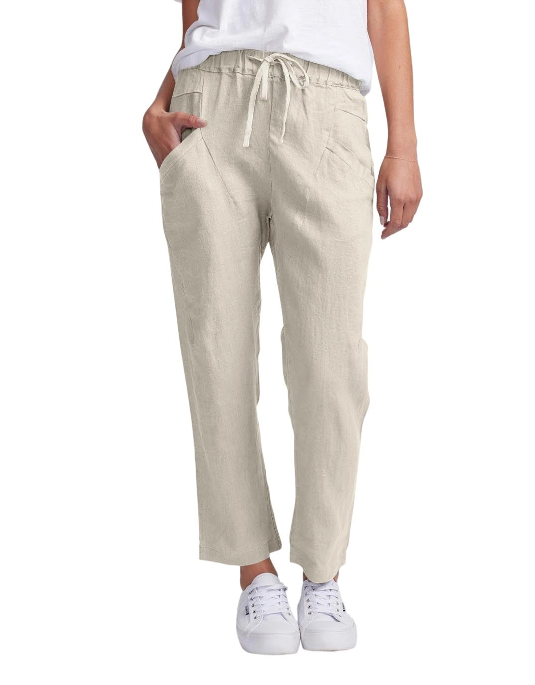 Womens Ankle-Length Linen Slim Fit Casual Pants with Pockets Drawstring Waist Pants