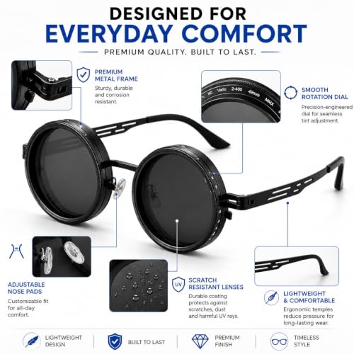 Image of Adjustable Tint Polarized Round Sunglass with Stepless Adjustable Sunglasses for Men,1-9 Gears Beach Sunglasses - Eyewear with Adjustable Lens.