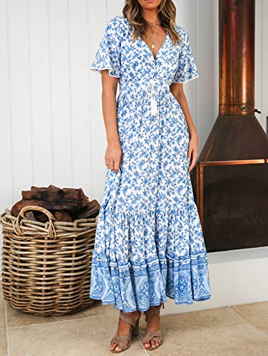 R.Vivimos Womens Summer Cotton Short Sleeve V Neck Floral Print Casual Bohemian Midi Dresses
