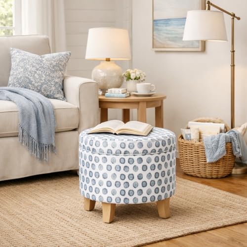 Image of HomePop 19 inch Round Storage Ottoman - Green Medallion Ikat Print