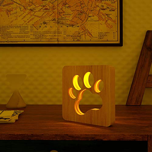 ABZON LED Bedside Lamp Wooden Night Light Bedroom Table Lamp Carving Lamp, Gifts for Pets Lover, USB-Powered.