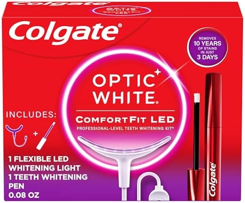 Colgate Optic White ComfortFit LED Teeth Whitening Kit, Hydrogen Peroxide Teeth Whitening Gel Kit, Helps Remove 10 Years of Stains, Enamel Safe, Includes Whitening Pen and Flexible LED Light