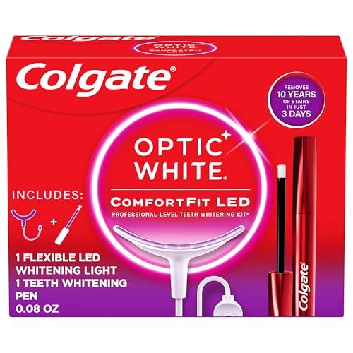 Colgate Optic White ComfortFit LED Teeth Whitening Kit, Hydrogen Peroxide Teeth Whitening Gel Kit, Helps Remove 10 Years of Stains, Enamel Safe, Includes Whitening Pen and Flexible LED Light