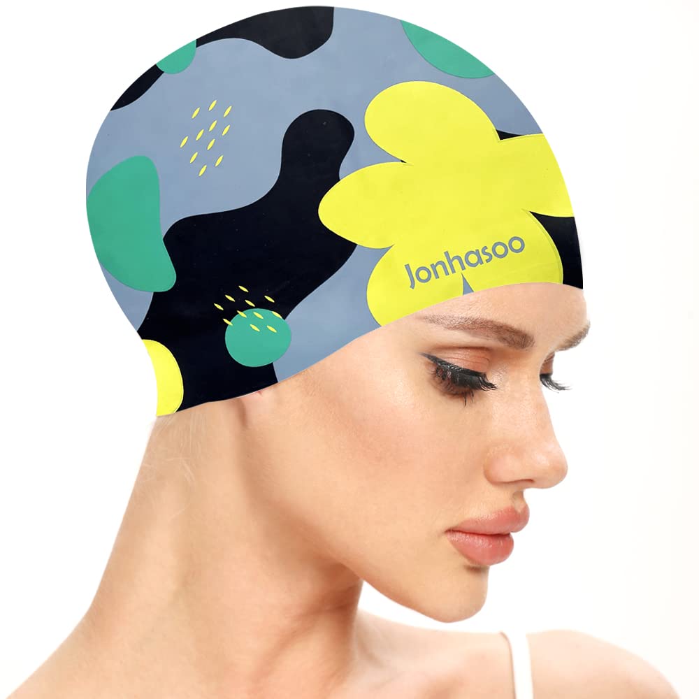 Jonhasoo Swim Cap Women, Silicone Swimming Cap for Long Hair with Flower Printed (Airy Blue)