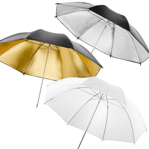Walimex Kit parapluie translucide/réflex (109 cm, 3 pièces, 1x translucide, 1x écran réflecteur or, 1x écran réflecteur argent)