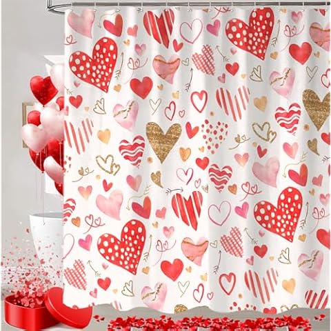Sanzugh Valentines Day Shower Curtain, Cute Valentine's Red Golden Pink Heart Love Decor Fabric Shower Curtains Set for Bathroom Decoration with Hooks 72 X 72 Inch Trendy Valentine Hearts Bath Decor Cover