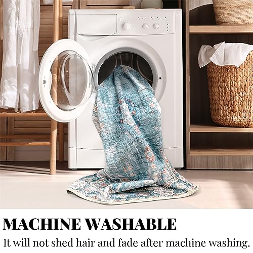 MUJOO Teal Area Rug Small Rugs Boho Machine Washable Rugs Non Slip for Entryway Kitchen Bathroom Bedroom Vintage Soft Low-Pile 2'x3' Blue Flowers Colorful