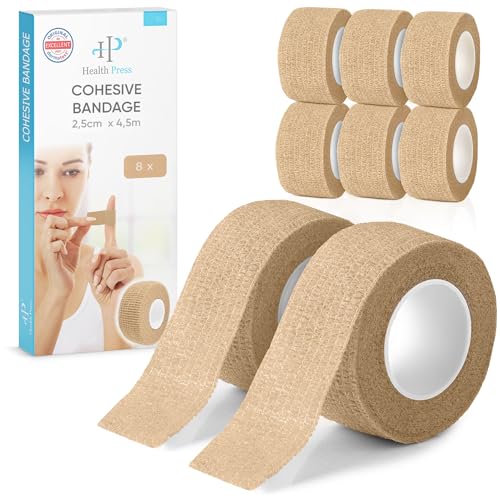 Health Press® Self-Adhesive Finger Plaster – 8 Rolls Beige (2.5cm x 4.5m) | Waterproof Plaster Tape | Elastic Fixation Bandage | Dust, Grease and Dirt Resistant Tape for Fingers and Hands