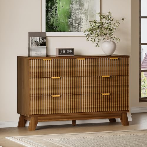 Image of BORNOON Fluted 7 Drawer Dresser, 47.2 inch Wide Modern Boho Chest of Drawers, Wooden Storage Dresser TV Stand for Bedroom, Living Room, Closet, Hallway, Curved Profile Design