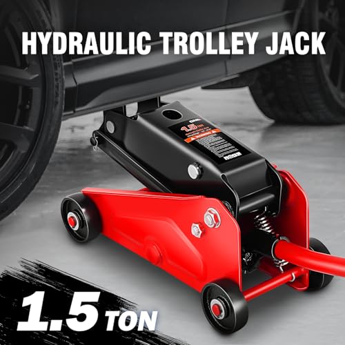 Image of DNA Motoring Low Profile Hydraulic Trolley Service /Floor Jack, 1.5 Ton (3000 lbs) Capacity, Lifting Range 5.5 inch-15.35 inch,Red, TOOLS-00675-RD