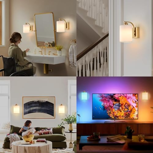 Image of Battery Operated Wall Sconce Set of 2, Gold Rechargeable Fabric Wall Lights with Remote Control,15 Colors Wireless Wall Sconce with 3000mAh Dimmable Detachable Bulb for Bedroom, Living Room, Hallway