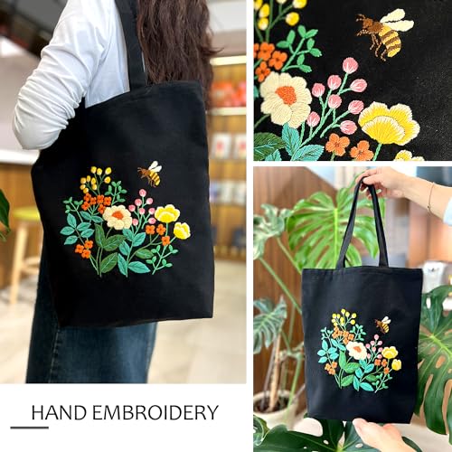 Image of Canvas Tote Bag Embroidery Kit, Beginner Embroidery Kit for Adults, Hand Embroidery Starter kit with Floral Pattern, Arts and DIY Crafts Embroidery Kits , Cross Stitch Kit with Embroidery Bag and Tool