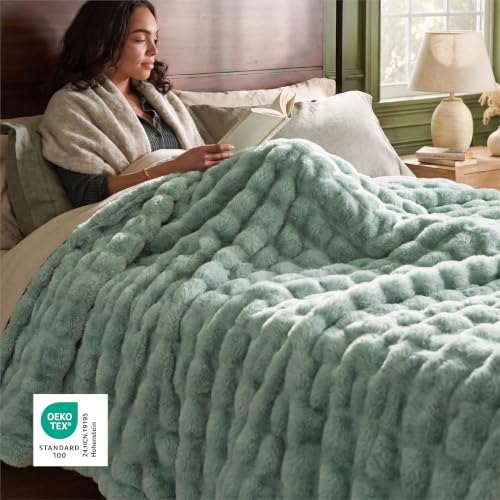 Image of Bedsure GentleSoft Bubble Faux Fur King Size Blanket for Bed, Fluffy Fuzzy King Blanket for Winter, Soft Cozy Faux Fur Bedding Thick Warm Plush Decor for Bedroom, Sage Green, 104x90