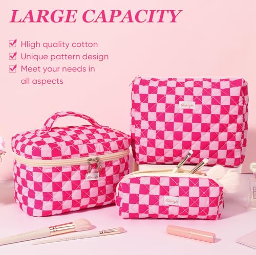 3 Pieces Makeup Bag Large Quilted Cosmetic Bag, Cotton Make Up Bag Travel Toiletry Bag for Mom Girlfriend Wife Women (Red)2