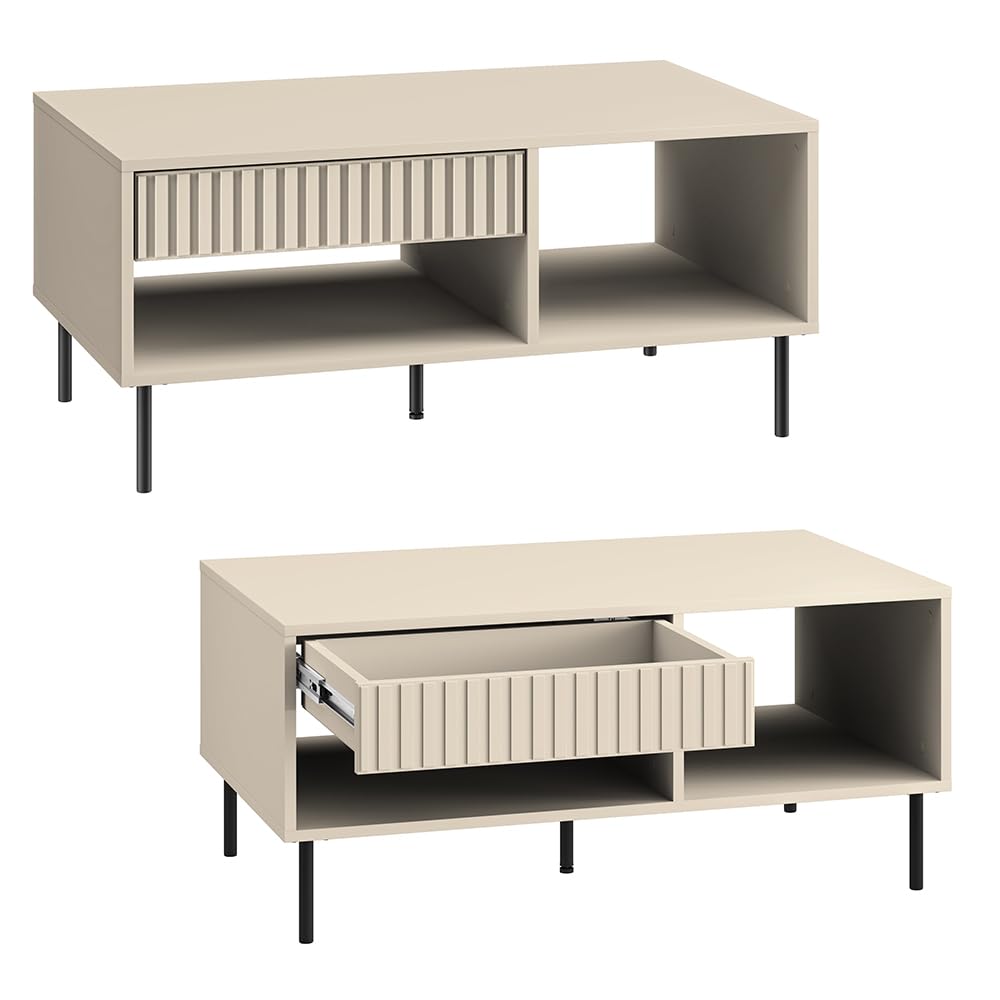 Lomadox Wohnzimmer Set in Kaschmir matt modern 3-teilig mit Riffeloptik mit Couchtisch, TV-Board, Vitrinenschrank