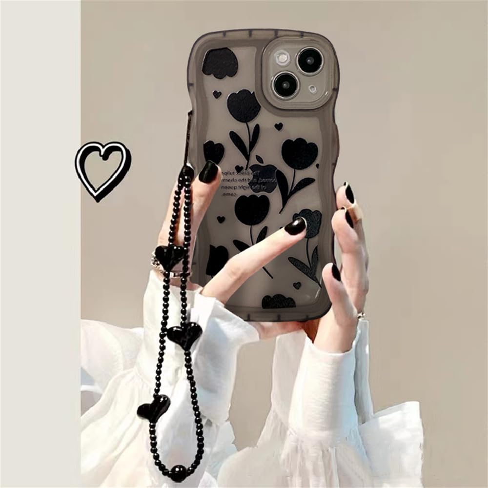 LIZGE Korean Black Tulip Flower Love Heart Phone Chains Soft Case