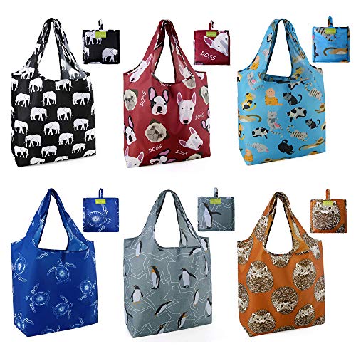 BeeGreen Heavy Duty Bulk Large Reusable Grocery Bags 6 Pack - Foldable Sturdy Recycled Cloth Animal Print Shopping Totes with Handles -Reusable Gifts Bags for Groceries, Travel, Storage & Women