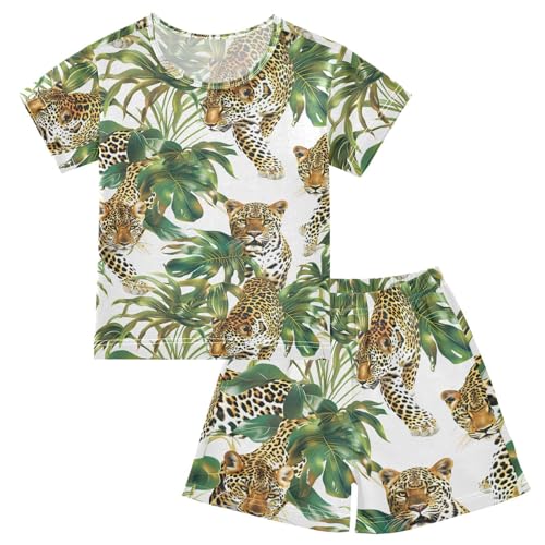 ALAZA Leopard Palm Leaves Watercolor Pajamas Short Sleeve 2 Piece Sleepwear Top and Bottom Pajama Set Unisex