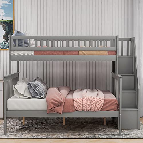 Harper & Bright Designs Twin Over Full Bunk Bed with Stairs and Storage, Solid Wood Bunk Bed Frame with Staircase and Safety Guardrails, Wooden Slats Support, No Box Spring Needed, Grey