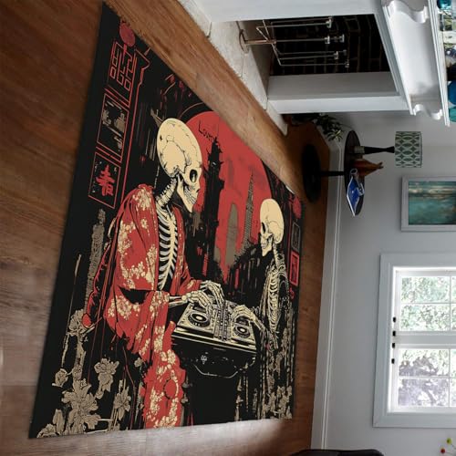UERWOWELL Alfombras Estilo japonés 100x200cm Túnica Tradicional Esqueleto Paisaje Urbano moqueta de Pelo bajo Antideslizante Lavable decoración Moderna de Suelos gótica