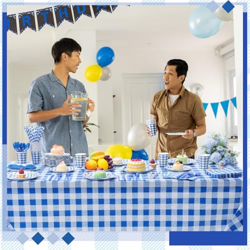 Image of Funnymoom 452 Pcs Blue Gingham Party Supplies for 50, Dark Blue and White Gingham Checkered Paper Plates Napkins Cups Tablecloth Cutlery Straws for Birthday Family Picnic Barbecue Party Decoration