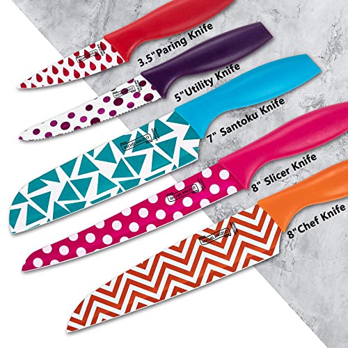 Michelangelo Knife Set, Kitchen Knife 10 Piece With Nonstick Colored Coating, Sharp Stainless Steel Kitchen Knife Set, Patterned Knives With Covers, Kitchen Knives, 5 Knives & 5 Sheath Covers #TOP6
