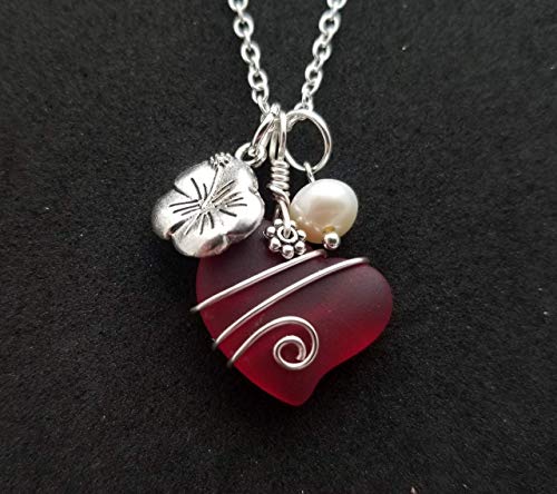 Hawaii Jewelry, Ruby Red Heart Sea Glass with designer wire wrap, HIbiscus and Freshwater pearl charms,"July Birthstone", (Hawaii Gift Wrapped, Customizable Gift Message)