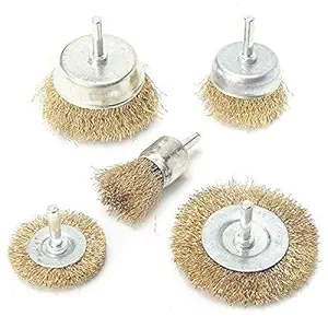 Inditrust Brass Coated Wire Brush Wheel and Cup Brush Set with 1/4-Inch Shank, 5 Sizes Coated Wire Drill Brush Set (Golden), Set of 5
