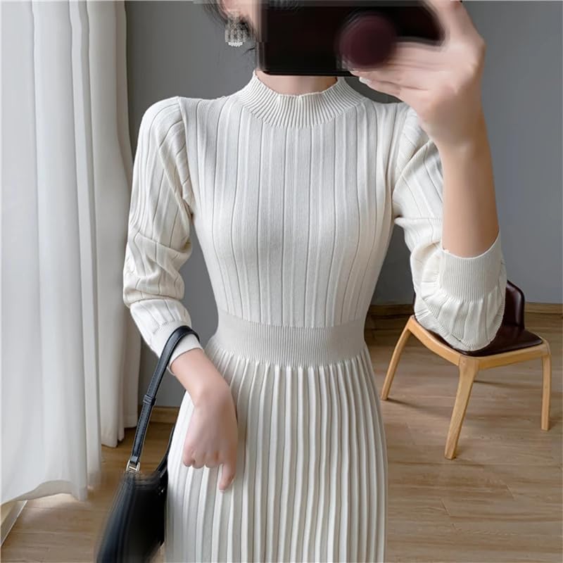 Vestido de punto para mujer, cuello alto, cintura y parte inferior de cintura