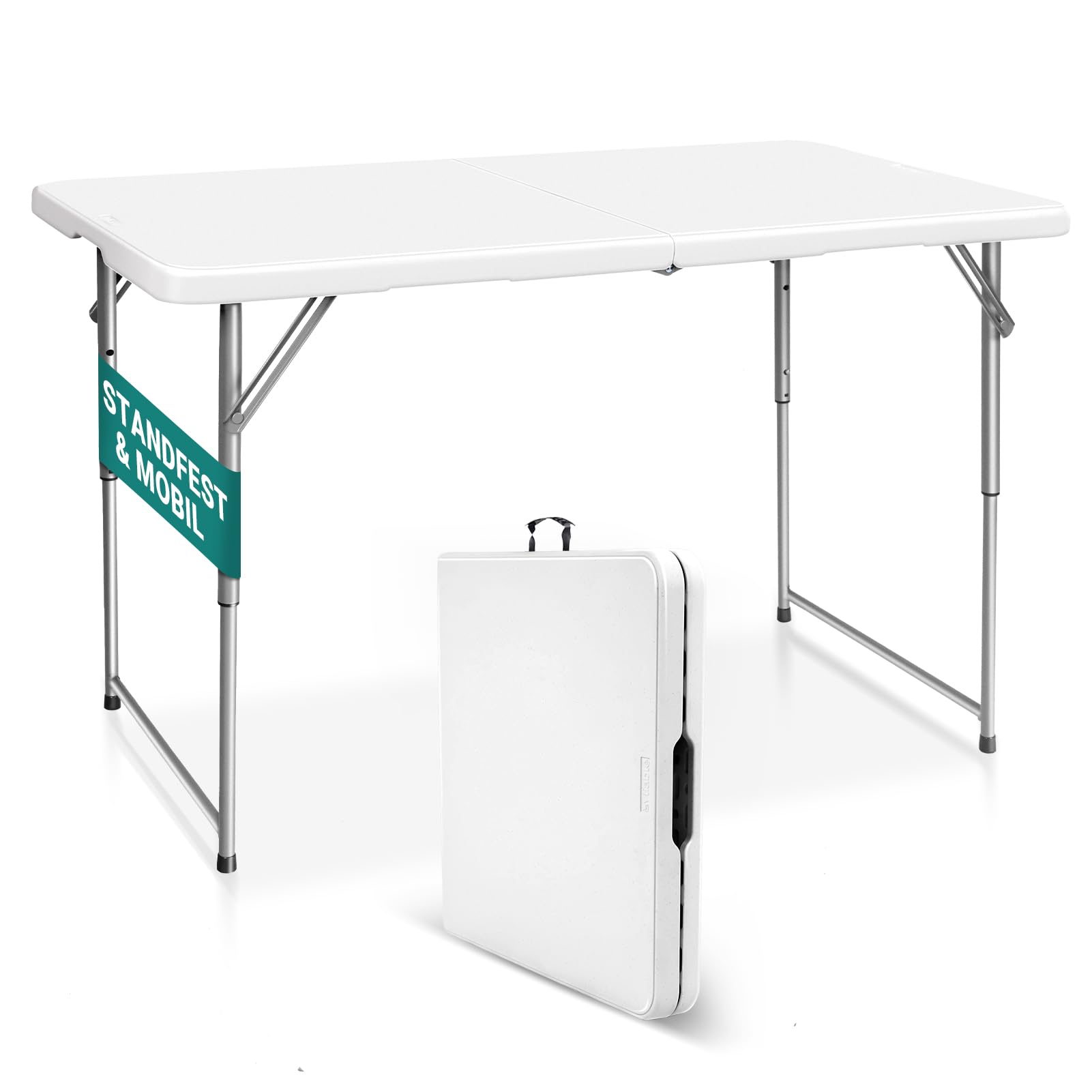 Byliable Klapptisch 120 cm tragbar, höhenverstellbar Campingtisch, Gartentisch Esstisch Partytisch klappbar faltbar, Outdoor Indoor, Weiß
