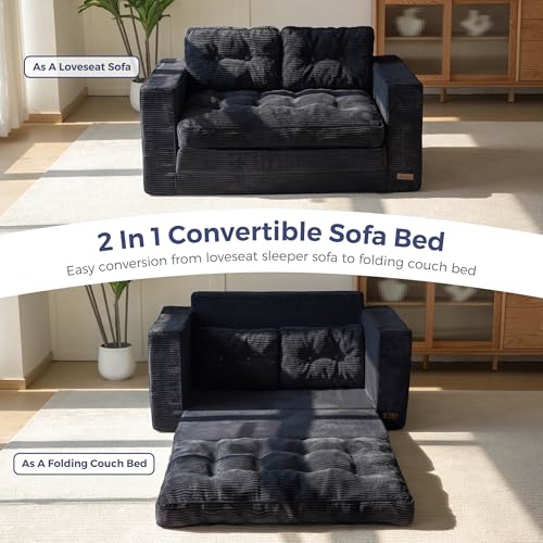 MAXYOYO Convertible Sofa Bed, Pull Out Loveseat Sleeper Sofa, 2 in 1 Folding Couch Bed, Fold Out Floor Couch with Pillows for Living Room Bedroom Lounge, Black