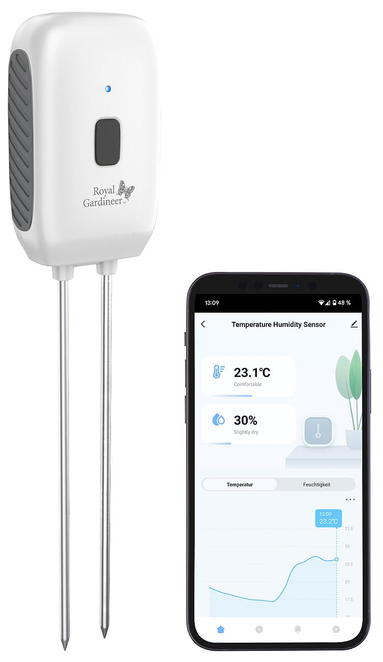 Royal Gardineer Bodenfeuchtigkeitssensor: 4er-Set Boden-Feuchtigkeits-&Temperatur-Sensoren mit WLAN-Gateway, App (Boden Feuchtigkeitsmesser WLAN, Bodentemperatur Sensor, Thermo)