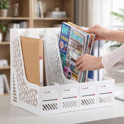 Image of DaKos 4 Compartments File Racks Paper Holder, Desktop Organizers, Letter Organizer, Magazine Book Holder Organizer, Plastic File Rack (Pack of 2) (White)