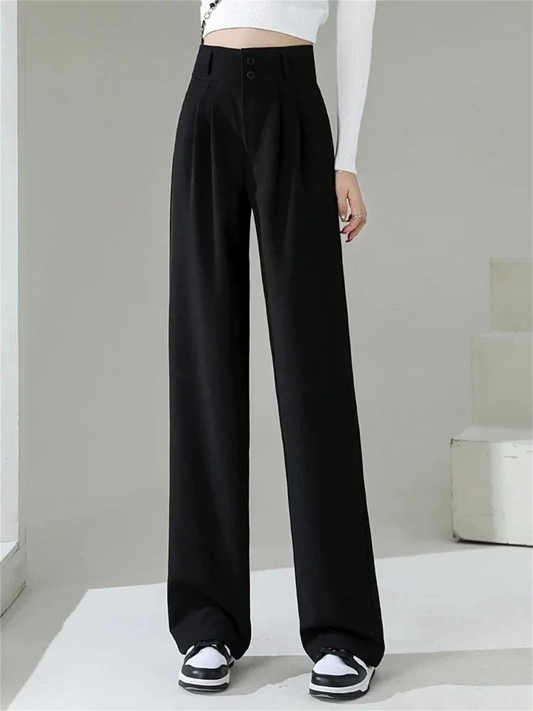 Women's Simple High Waist Wide Leg Coffee Buttons Simple Trousers