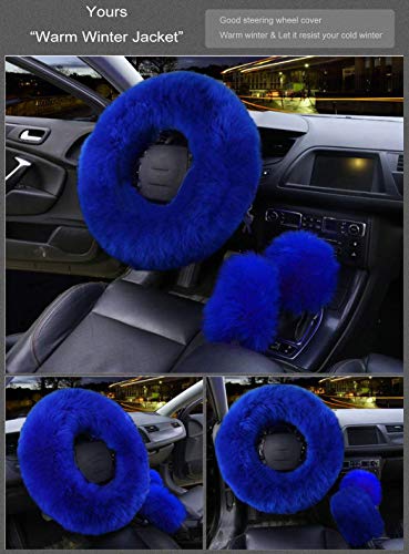 Younglingn Car Steering Wheel Cover Gear Shift Handbrake Fuzzy Cover 1 Set 3 Pcs Multi-Colored With Winter Warm Pure Wool Fashion For Girl Women Ladies Universal Fit Most Car（Royal Blue） #TOP4