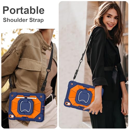 Image of Scnioy Case for iPad (A16) 11th Generation 11 Inch (2025) / iPad 10th Generation Case 10.9 Inch (2022) with 360 Rotating Stand Screen Protector Pen Holder Shoulder Strap, Navy Orange