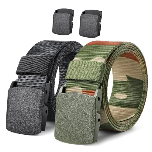 Image of JASGOOD 2 Pack Nylon Web Belt Outdoor Military Men's Metal Free Belt with TSA Plastic Buckle