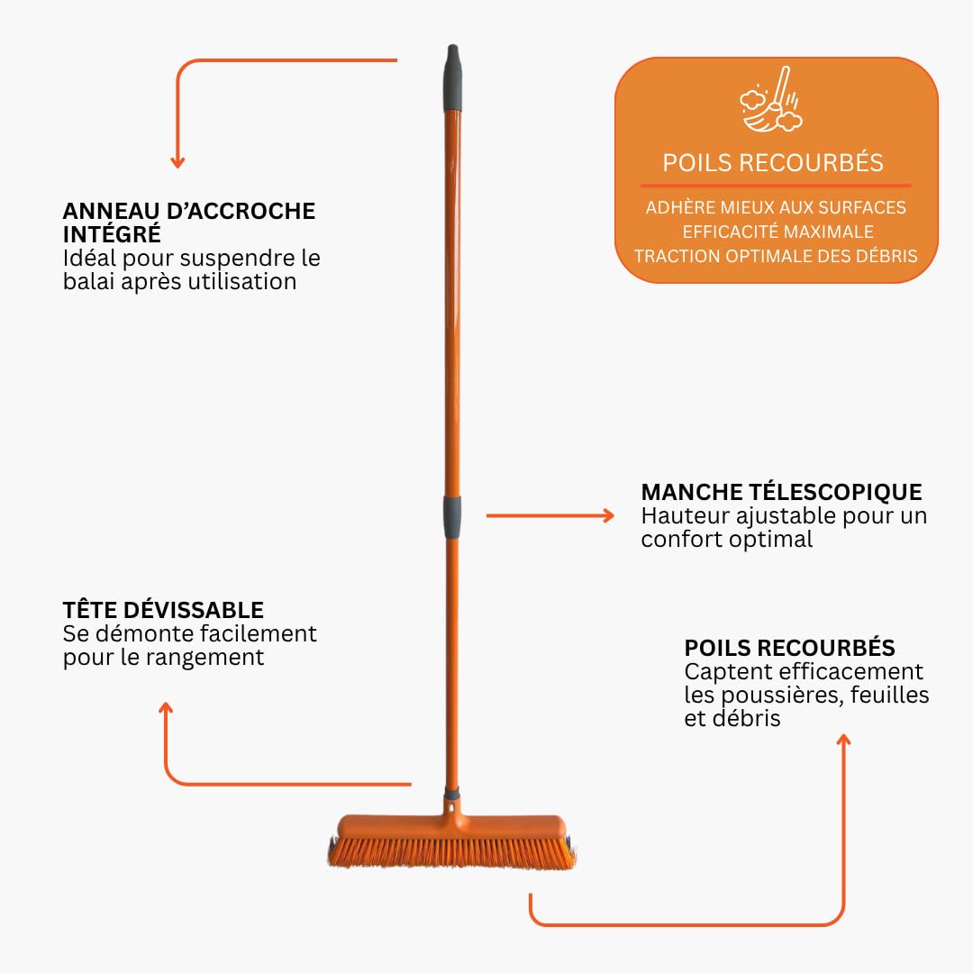 LE BALAI DU CANTONNIER - VENTEO - Scopa a artigli con setole arricciate, manico telescopico/estensibile fino a 140 cm, speciale esterno e pavimento - Scopa da giardino, da strada e a foglie