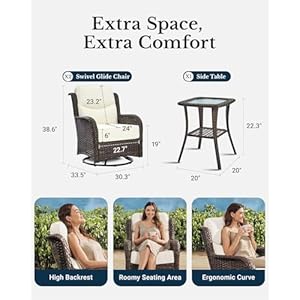 Luxury high back outdoor swivel rocker patio chairs set of 2 with 6 inch thick cushions and side table ideal for porch poolside deck and yard in cream white  urban country home decor