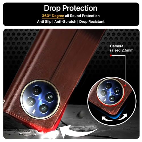 Image of Flipped Vegan Leather Flip Case Back Cover for Realme 12 Pro 5G | Realme 12 Pro Plus 5G (Flexible, Shock Proof | Hand Stitched Leather Finish | Card Pockets Wallet & Stand | Brown with Coffee)