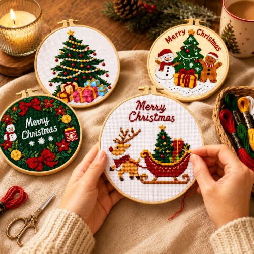 Image of Zhenqing 4 Pack Christmas Stamped Cross Stitch Kit, 11CT Printed Santa Reindeer Snowman Gingerbread Tree Wreath Patterns with Hoop and Tools, DIY Holiday Embroidery Set for Beginners