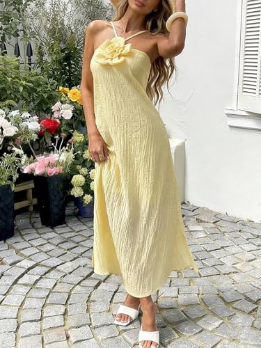 Image of Yiulangde Women's Backless Smocked Maxi Dress Sexy Spaghetti Strap Cut Out Flowy Beach Long Dress Vacation Casual Sundresses