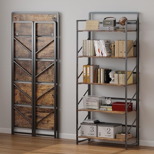 Image of JSB Folding Bookshelf,Industrial Storage Shelves, No Assembly Vintage Wood Look Bookshelf with Storage Shelves for Living Room, Bedroom, Office (Fire Brown, 5-Tier)