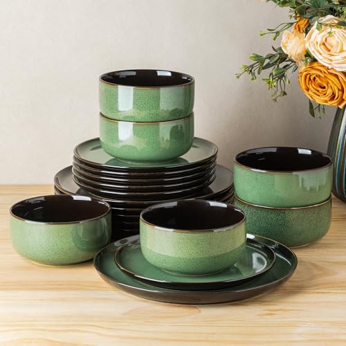 Image of LeRatio Ceramic Dinnerware Sets for 6,Porcelain Plates and Bowls Sets,Handmade Reactive Glaze Dishes Set,Chip Resistant and Scratch Resistant | Oven&Dishwasher & Microwave Safe-Green(18PCS)