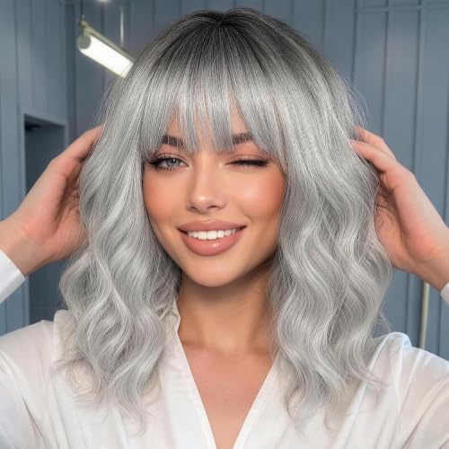 Image of Nnzes Silver Wigs for Women,Synthetic Short Curly Wig with Bangs 16 Inch | Natural-looking heat-resistant fiber, soft comfortable wear, beginner-friendly for daily, party & cosplay.