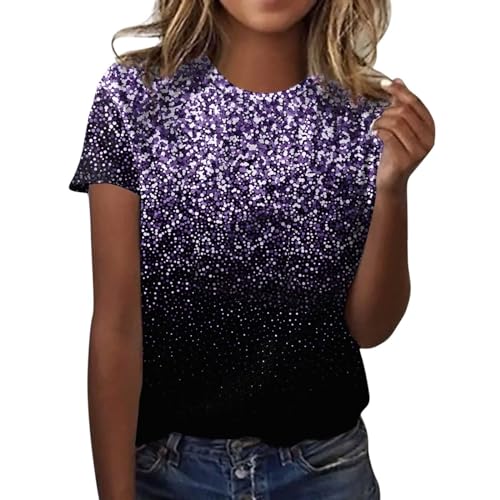 Camiseta con purpurina para mujer, parte superior de lentejuelas brillante, cielo estrellado, elegante, cuello redondo, carnaval, suelta, brillante, fiesta, blusa ligera, vintage, camiseta de verano